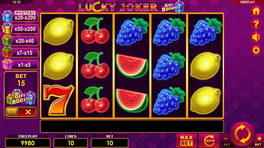 Lucky Joker Gift Bonanza base game full grid with GIFT symbols and Joker