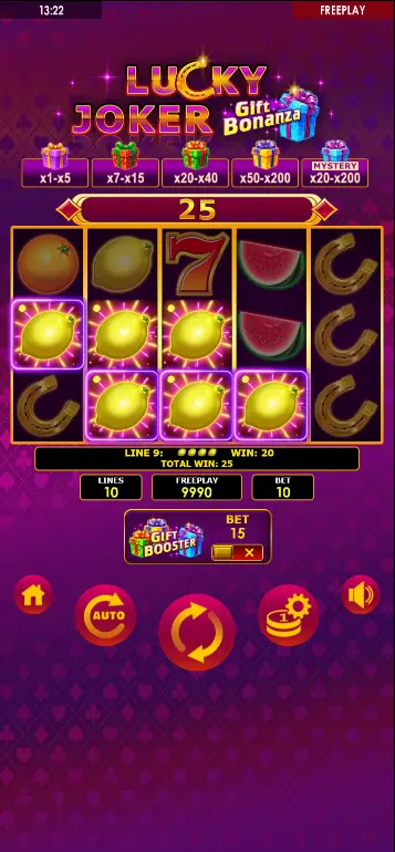 Lucky Joker Gift Bonanza base game full 5x3 grid with GIFT symbols and Joker visible